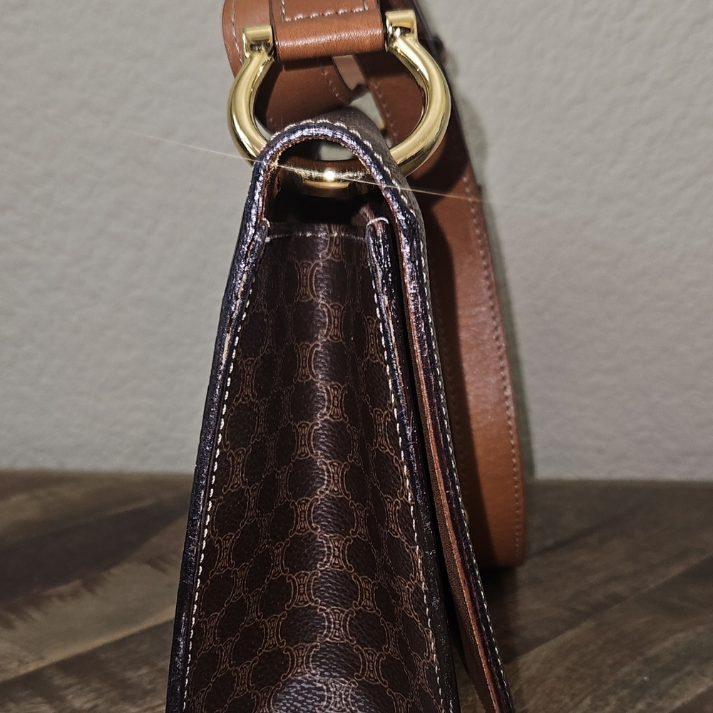 Celine Brown Monogram Shoulder Bag with Tan Leather Strap and Gold Hardware - Picture 8 of 17